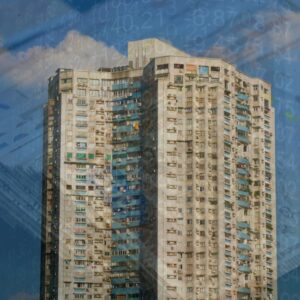 chinese tower block with background images of number stocks and cash